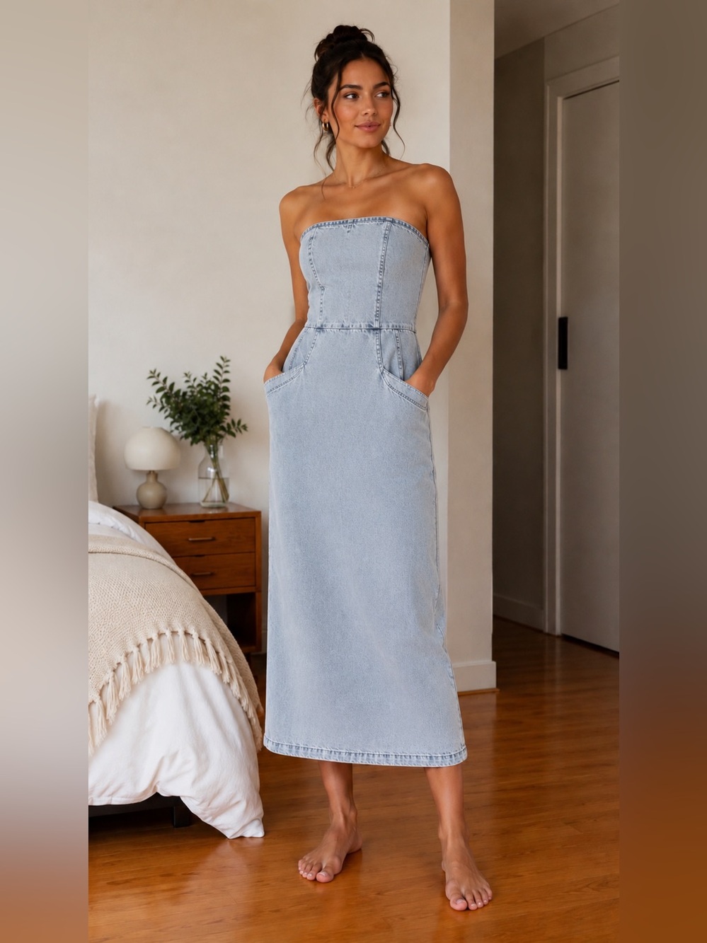 YFB STRAPLESS DENIM STYLE MIDI DRESS